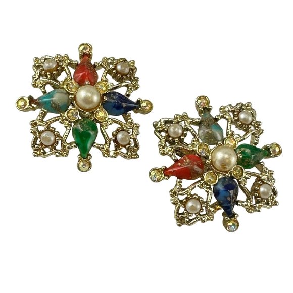 Sarah Coventry Clip on Earrings Multicolor Gold Tone with A/B Crystals - Picture 1 of 2